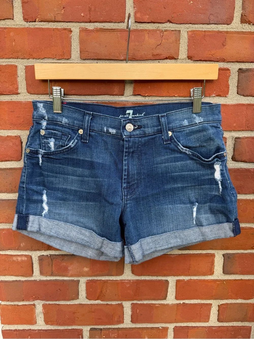 7 For All Mankind Dark Blue Distressed Rolled Cuff Jean Shorts